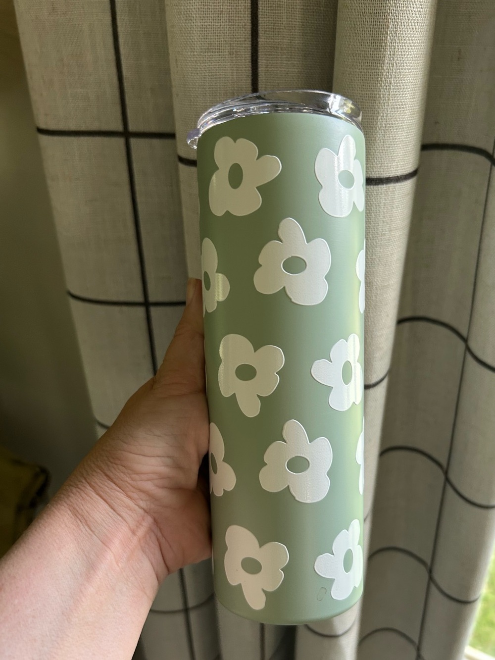 Floral Green Stainless Tumbler - White Flower Print - 20oz